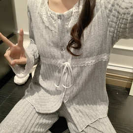 秋冬季新款抽条羊绒睡衣女可爱甜美时尚简约休闲可外穿家居服套装