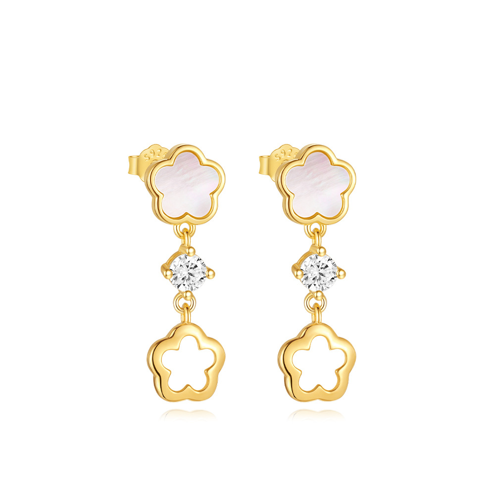 Women's Gender S925 Sterling Silver Petal White Shell Refined Rhinestone Clavicle Necklace Hollow Stud Earrings Suit Best Seller In Jewelry