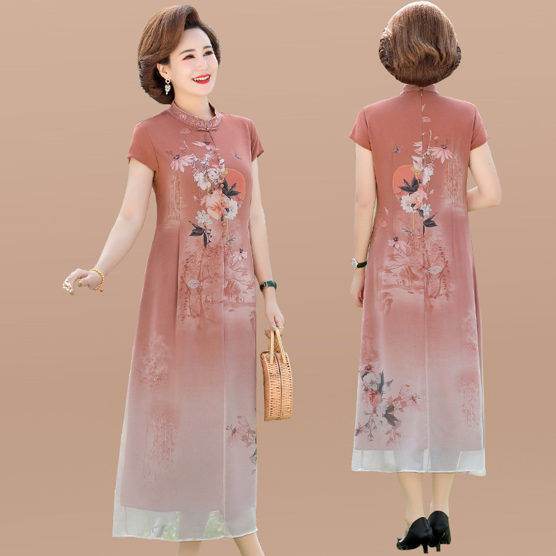 Mother-in-law summer short-sleeved dress new 50-year-old mother's day women's clothing Chinese style cheongsam skirt