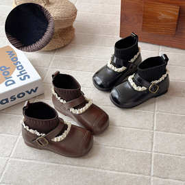 ins复古弹力袜靴2025秋冬季新款韩版女童花边飞织加绒圆头小皮靴