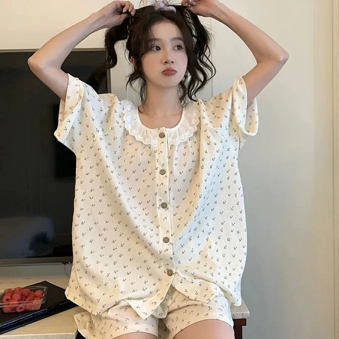 [Tinkerbell] Сладкие морщинистые шорты с короткими рукавами, пижамы, женский свободный костюм, милый повседневный комплект из двух предметов