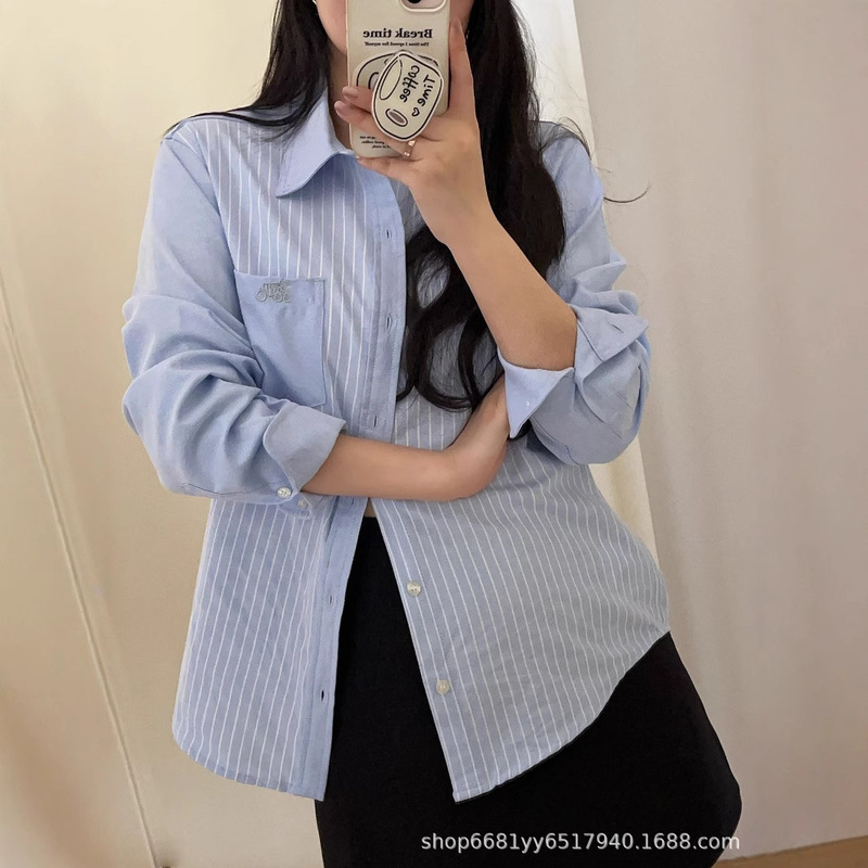 Koko 24 Autumn and Winter New Pocket Carriage Small Label Embroidered Casual Loose Men's and Women's Long Sleeve Striped Shirt