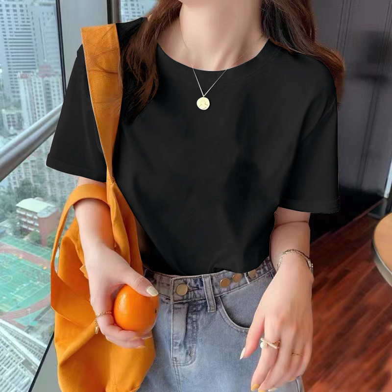 アプリコットショルダー半袖Tシャツ女性用2025夏の新しいファッションラウンドネックルーズスリムトップ|undefined