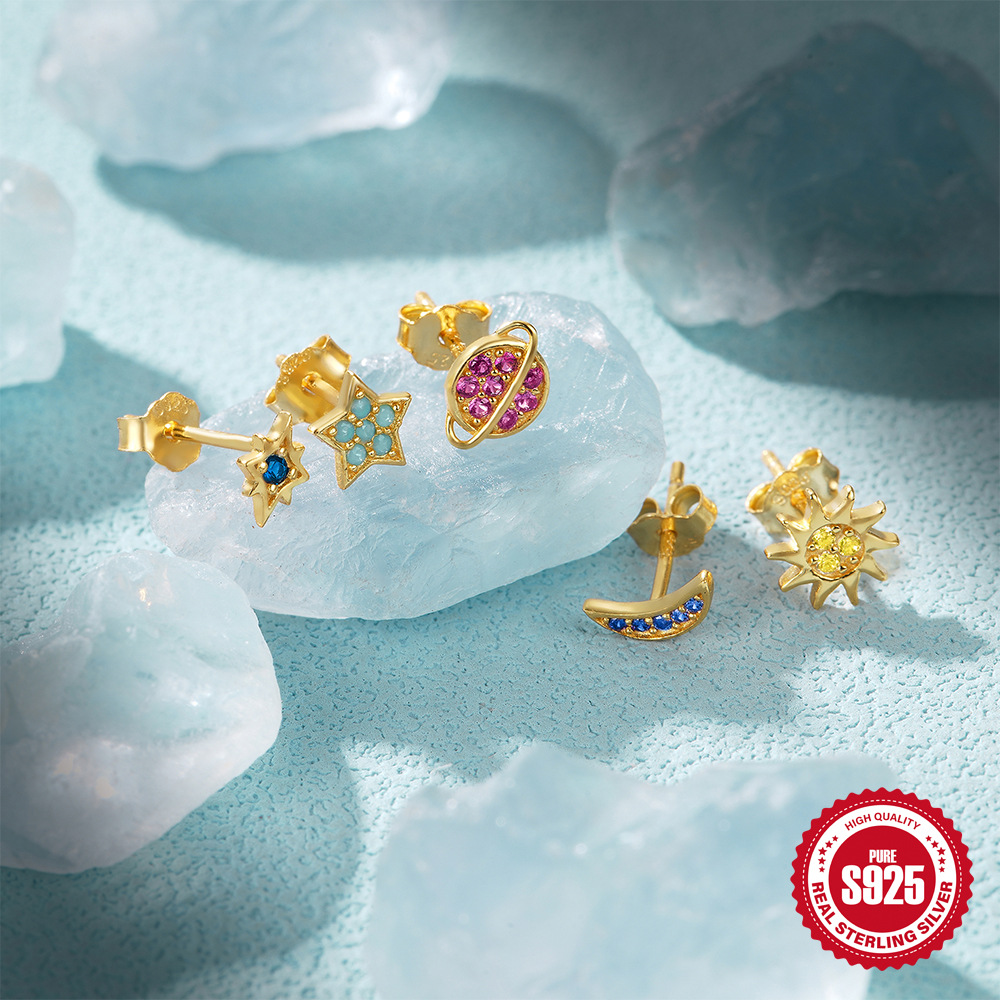 Nuevo conjunto de estrella y luna de Plata de Ley 925, colorido, Empress Planet, elegante y versátil, conjunto de 5 piezas de pendientes y pendientes