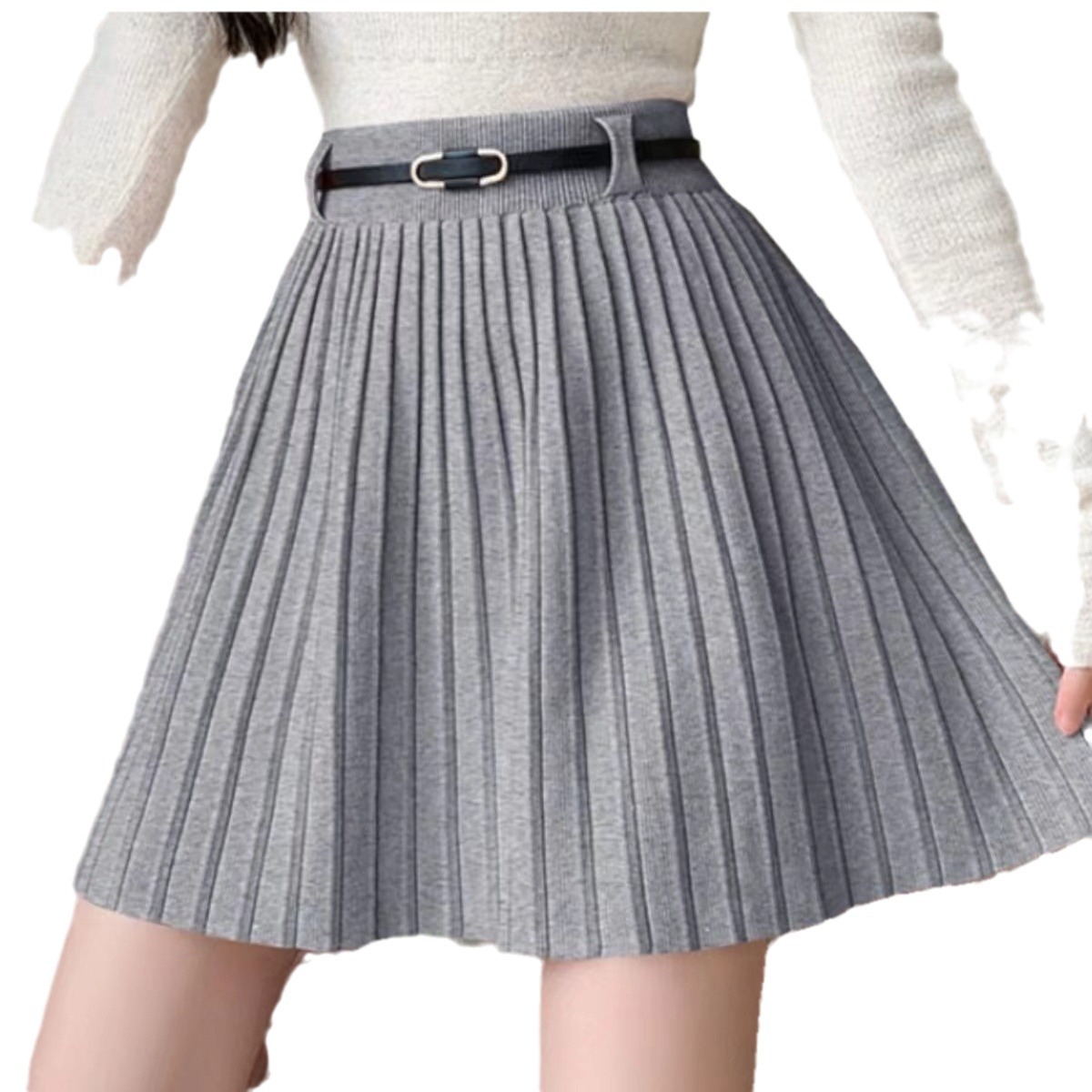 Abbigliamento donna Gonna plissettata vita alta linea a cintura stile gonna elastica sottile gonna corta lavorata a maglia_voghion.com