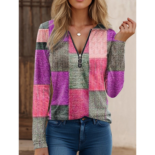 2024 New Casual Fashion Autumn/Winter Korean Style Zip Polo Collar Round Neck Contrast Color Long Sleeve Women's Top WF05