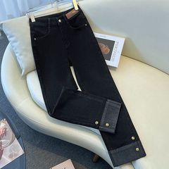 黑色直筒牛仔裤女新款秋冬2025裤子小个子显瘦拼接加绒烟管裤
