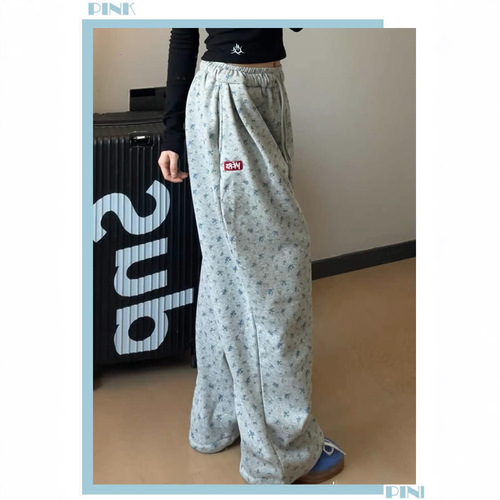 Gray floral sport pants for women loose straight tube 2025 new spring and autumn high waist casual wide leg pants small size tracksuit pants 