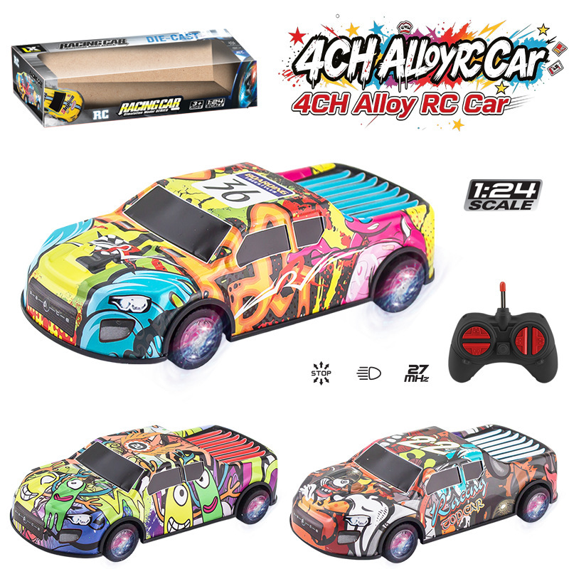 Cross-border children's four-wheel alloy graffiti tinplate electric pickup truck remote control drift high-speed racing toy car model
