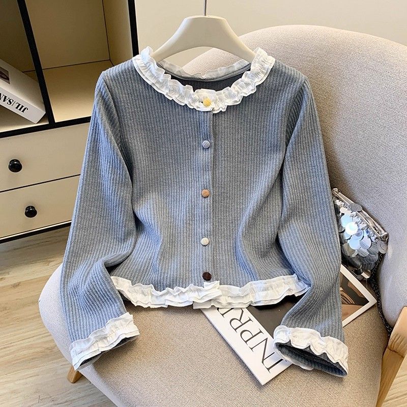 Plus-Size Chanel-Style Faux Two-Piece Corduroy Long-Sleeve Shirt for Women, Designed with a Lace Collar, Fashionable and Stylish Top