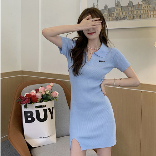 Summer New Slim Fit Collar Dress Women Pure Desire Skirt Hot Girl Slit Knit Bustier Short Skirt