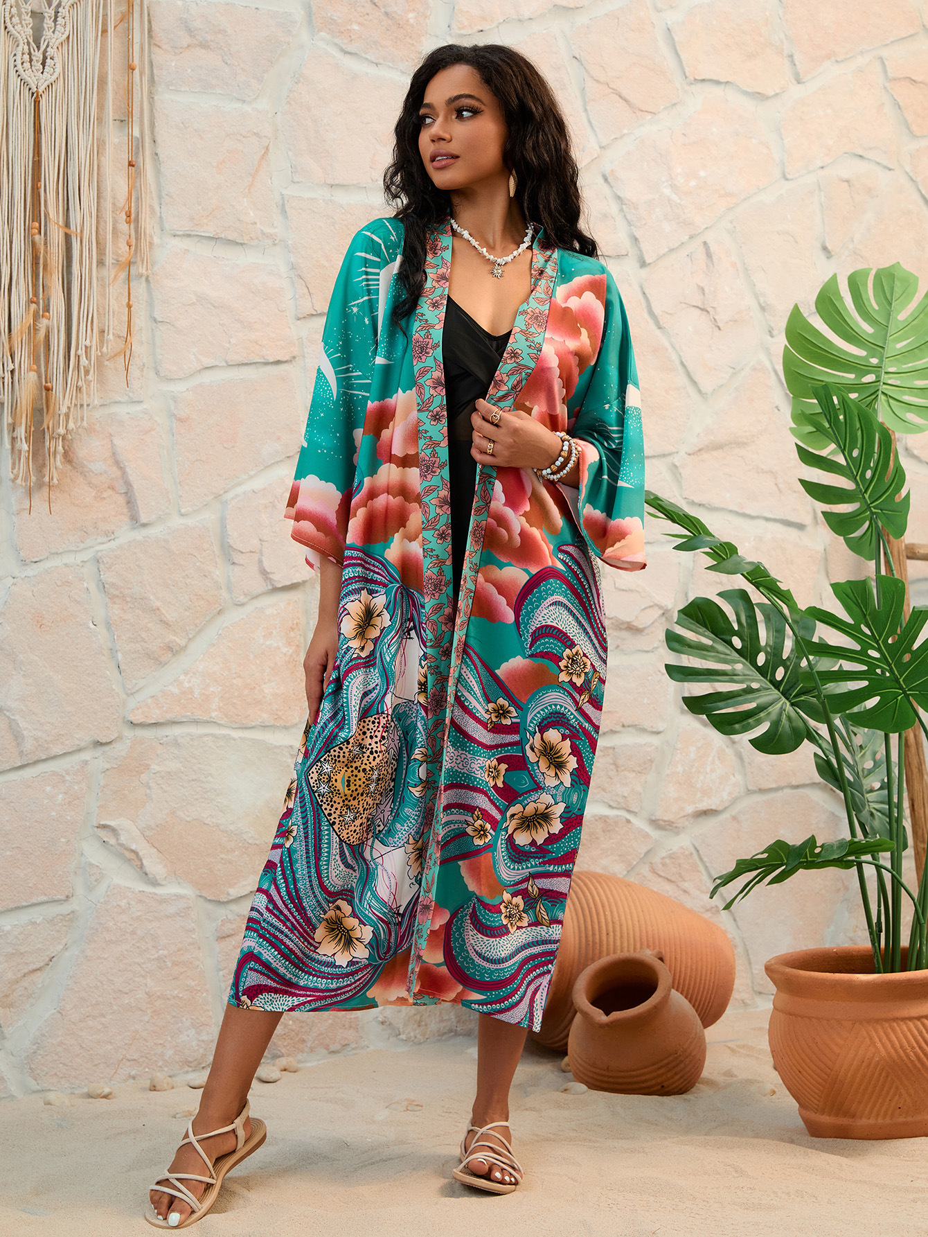 Nuevo posicionamiento de impresión transfronteriza europea y americana kimono vacaciones bikini bata de baño 1D262