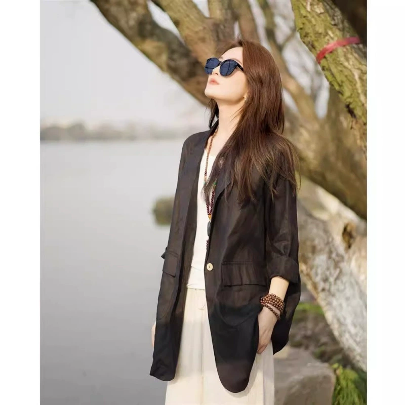 Retro suit, coat, jacket, cotton and linen, plus size