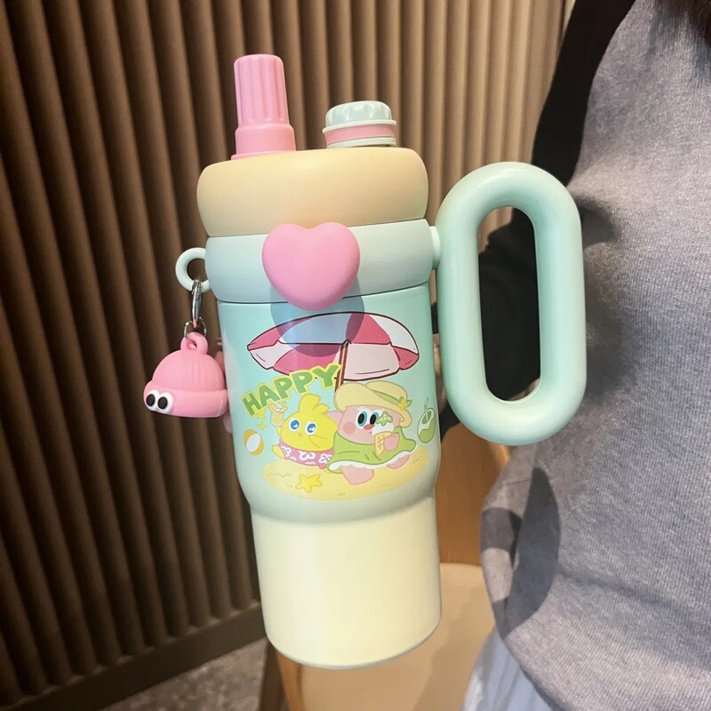 卡通公仔不锈钢保温杯超萌大容量吸管杯高颜值便携带手把水杯批发|undefined