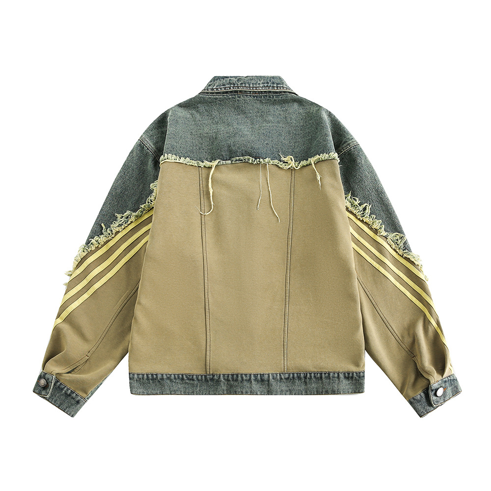 Color Block Patchwork Frayed Vintage Denim Jacket Niche Men's Punk Washed Cat Whiskers Loose Turn-Down Collar Coat_voghion.com