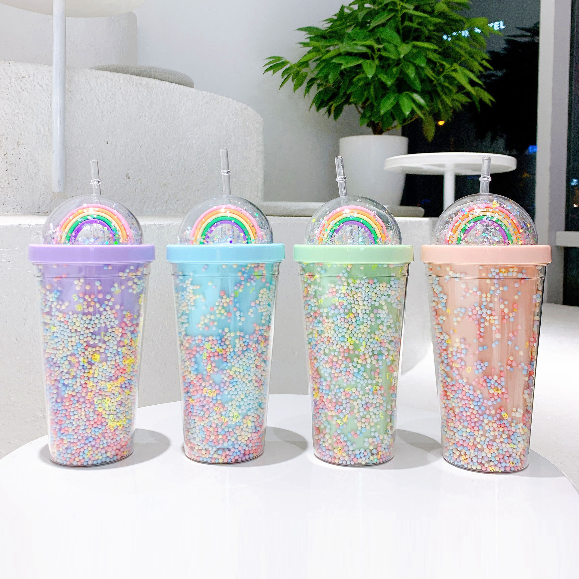 Korean Style Plastic Cup Double Rounds Straw Internet Celebrity Ins Water Cup Girl Home Office Breakfast Milk Juice Glass