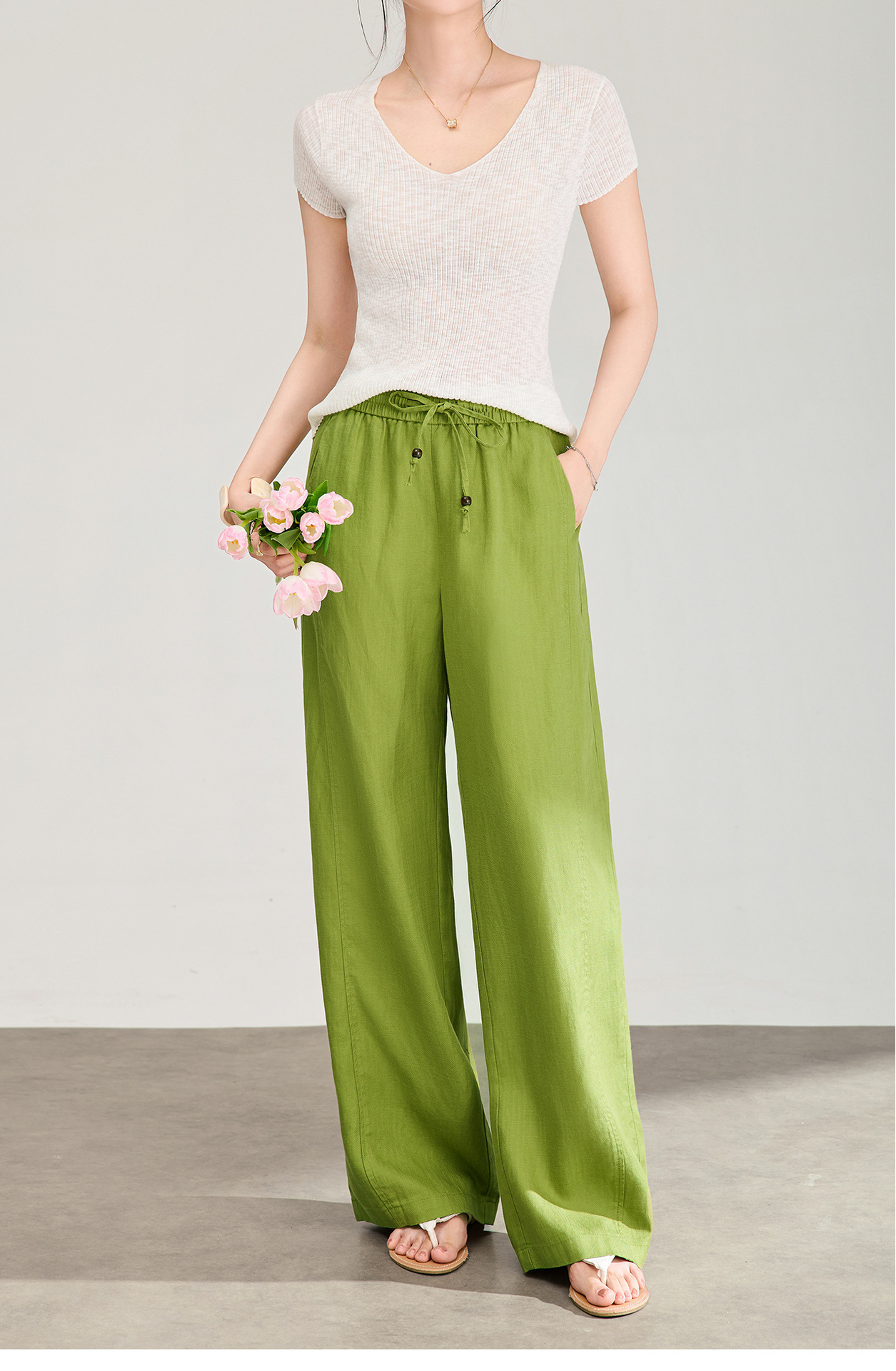 Quần culottes nữ ống rộng chất liệu linen phối lụa, cạp chun rút dây, dáng suông mềm mại — màu xanh táo chi tiết 11