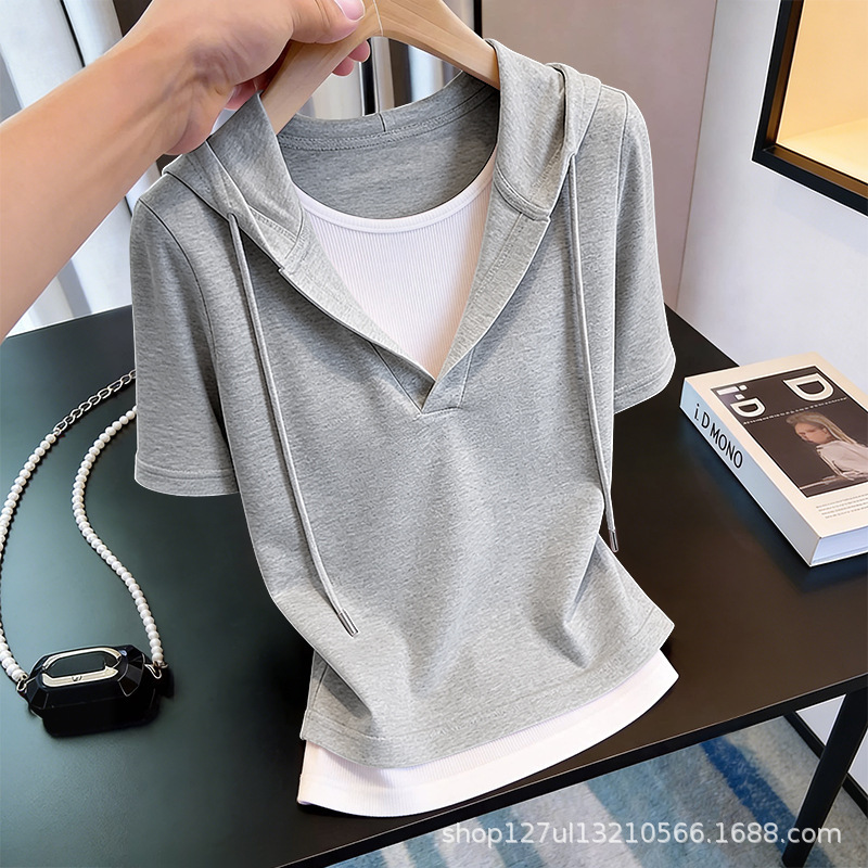 Fake Two-Piece Hooded Ribbed Short-Sleeve T-Shirt for Women, Summer New Stylish Design, Slim Fit Versatile Base Shirt Top Fake Two-Piece Hooded Ribbed Short-Sleeve T-Shirt for Women, Summer New Stylish Design, Slim Fit Versatile Base Shirt Top