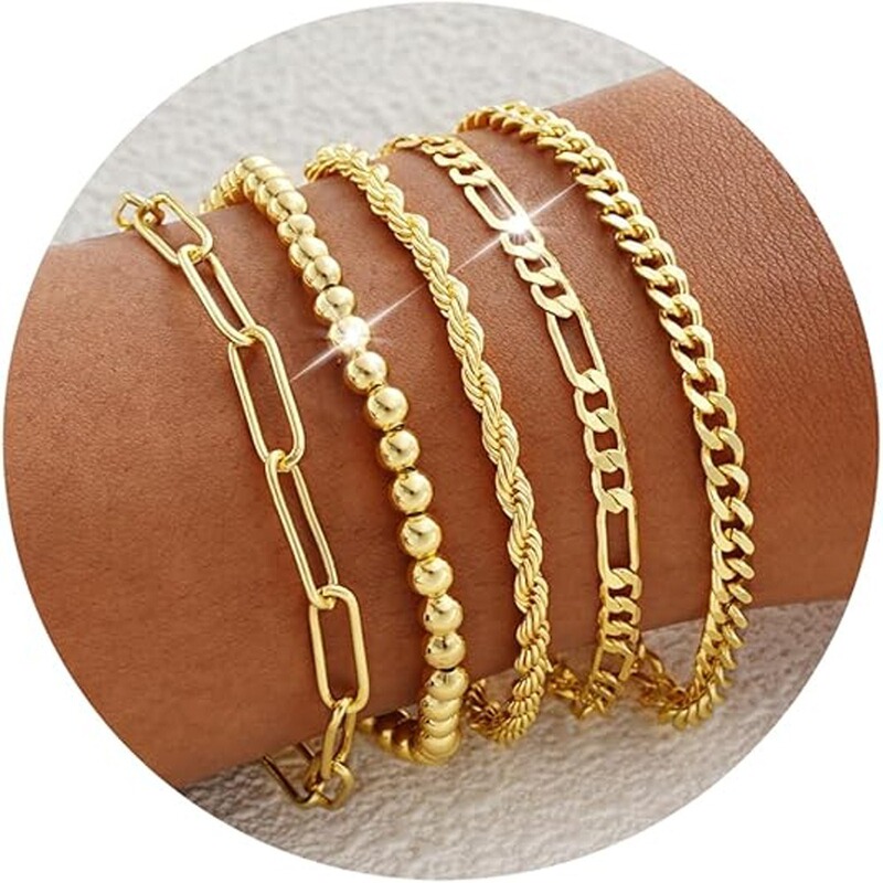 Amazon Cross-Border Fashion Adjustable Cuban Beaded Gold Chain Stacking Set Popular Chain Jewelry Bracelet Gift