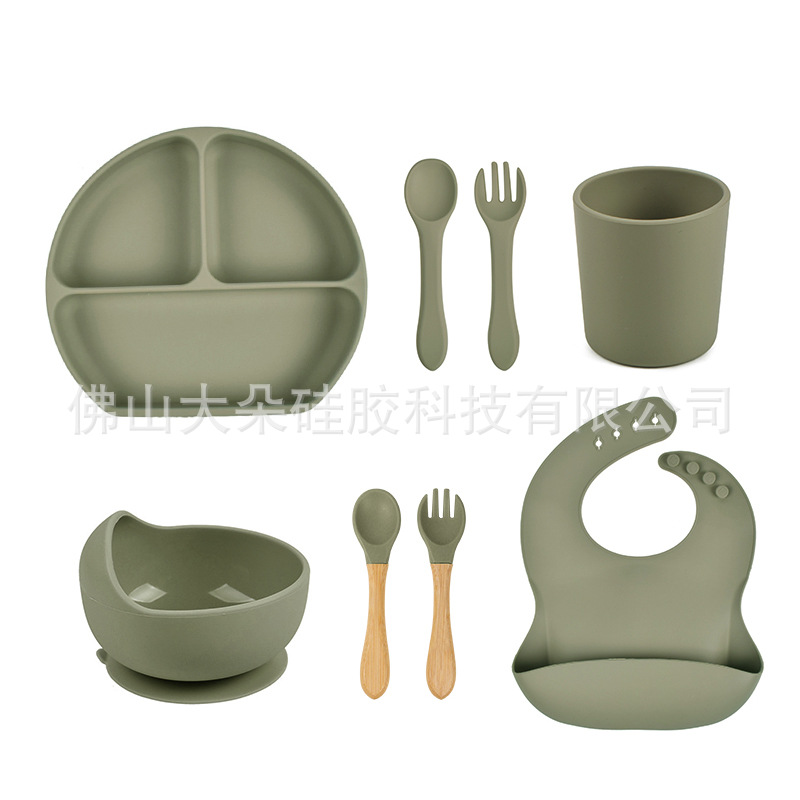 Precio bajo de la fábrica libre combinación de silicona bebé placa niños suplemento alimenticio tazón cuchara taza de agua babero traje