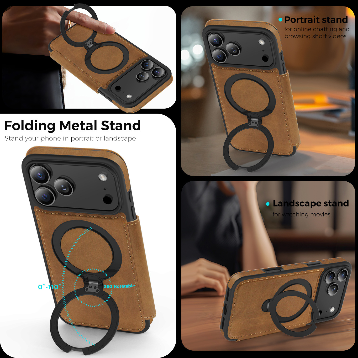 Ốp lưng da lật iPhone 16 Pro Max xoay 360 độ tích hợp giá đỡ từ tính — màu đen, màu xanh hoàng gia, Màu nâu, xám chi tiết 16