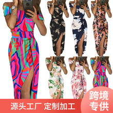 2023亚马逊独立站欧美女装  气质包臀开衩一字领礼服裙晚宴连衣裙