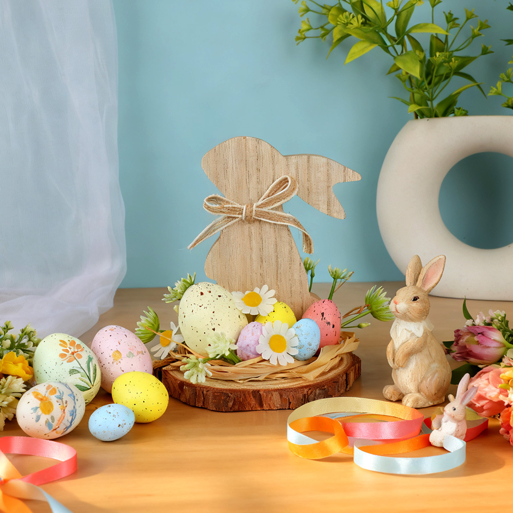 Easter Wooden Rabbit Decorative Ornaments, Easter Eggs, Daisies, Forest-Style Desktop Decorations, Festive Atmosphere Decoration Props