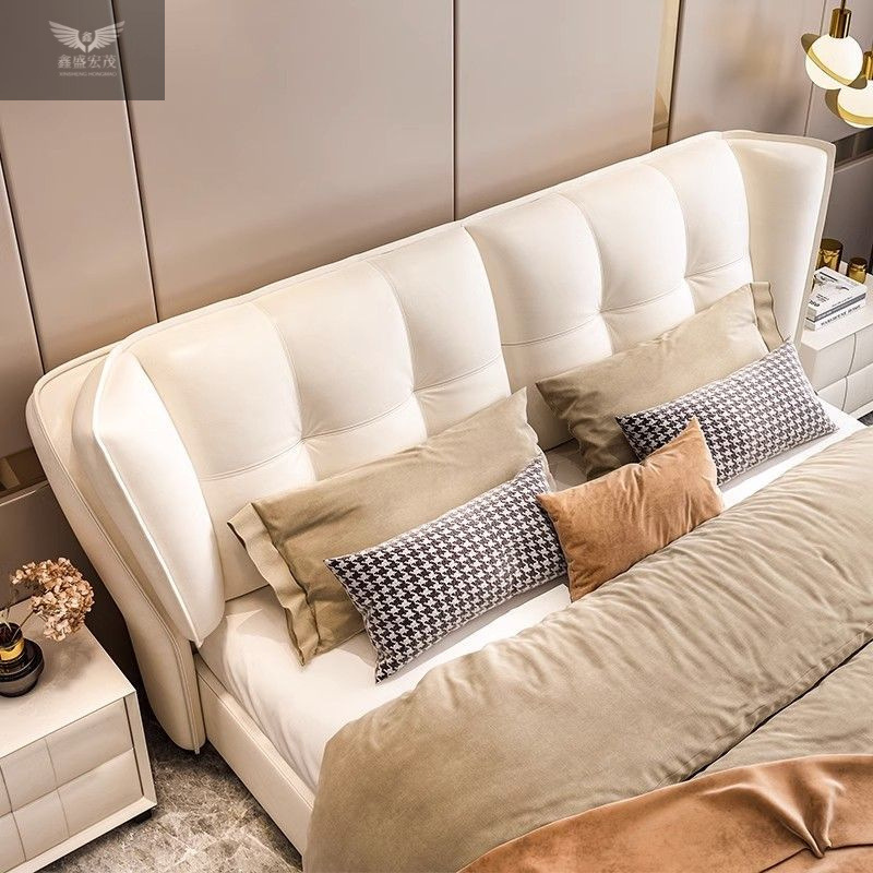 Cama doble, cama de cabecera, cama de lujo ligera, cama de 1,5 metros, cama de viento de crema, cama grande italiana, cama de matrimonio de 1,5 dormitorios.