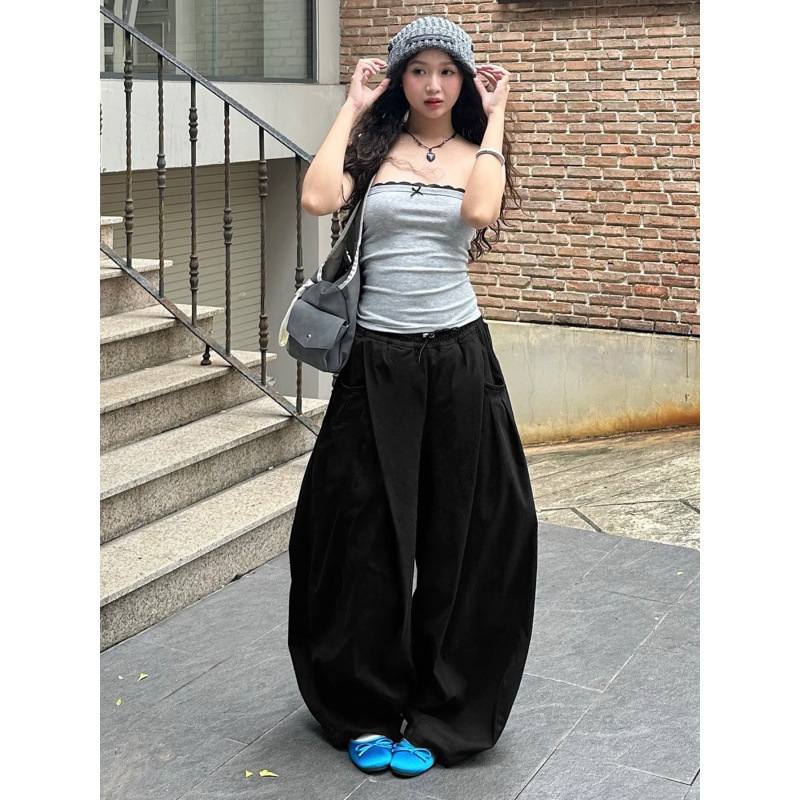 嘻哈潮酷辣妹风抽褶束脚灯笼裤小众设计宽松垂感拖地长裤休闲女装|undefined
