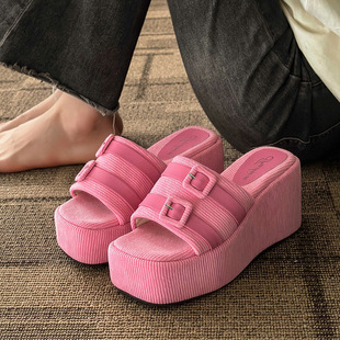 Summer new belt buckle high heel slippers women's casual platform sandals women's slip-on foreign trade women's shoes