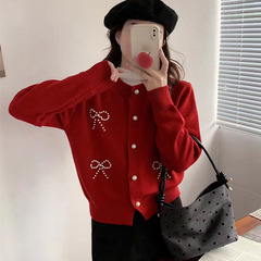 韩系温柔风甜美蝴蝶结钉珠毛衣外套女春季时尚洋气宽松显瘦针织衫