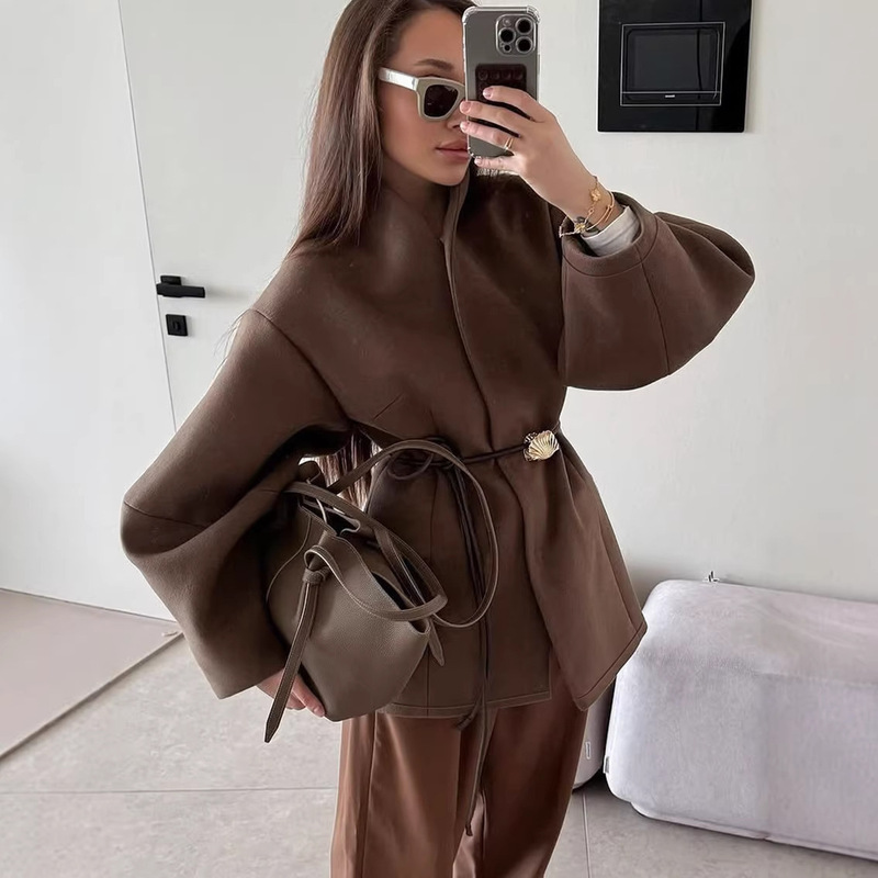 2026 European and American Women's Fashion Spring and Autumn New Style High-End Brown Waist-Cinching Woolen Coat for Women with a Stylish and Elegant Design