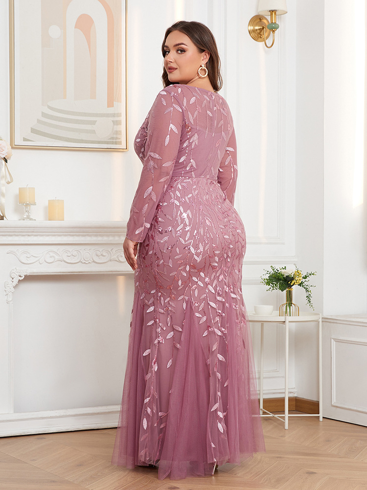 Vestido de noche bordado de talla grande, estilo europeo y americano, superventas transfronterizo 2026, de manga larga, cuello redondo, totalmente forrado, con cremallera trasera y corte de cola de pez.