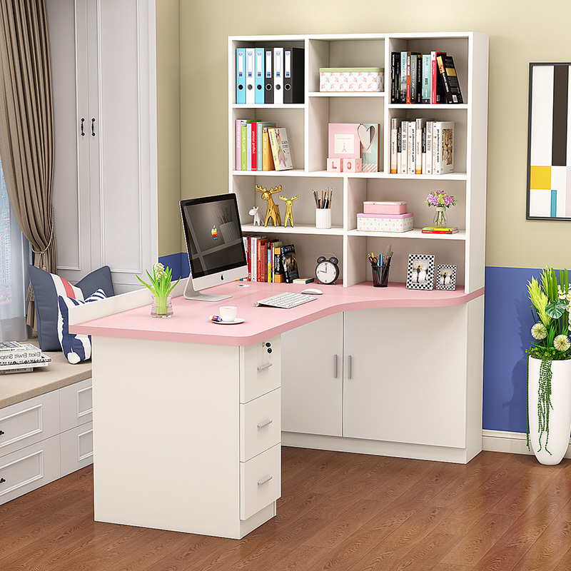 W6 Pink Solid Wood Corner Desk Bookshelf Combination Bedroom Computer Desk Home Casual Student Bookcase Integrated Study