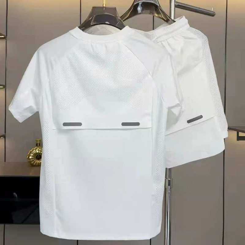 Летняя дышащая популярная рубашка с короткими рукавами, костюм из ледяного шелка, мужской модный и красивый комплект из двух предметов с половиной рукавов + шорты