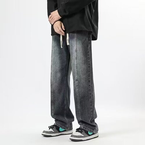 Vintage drawstring relaxed waist jeans for men, loose large size oversize pants, high street straight-leg wide-leg pants
