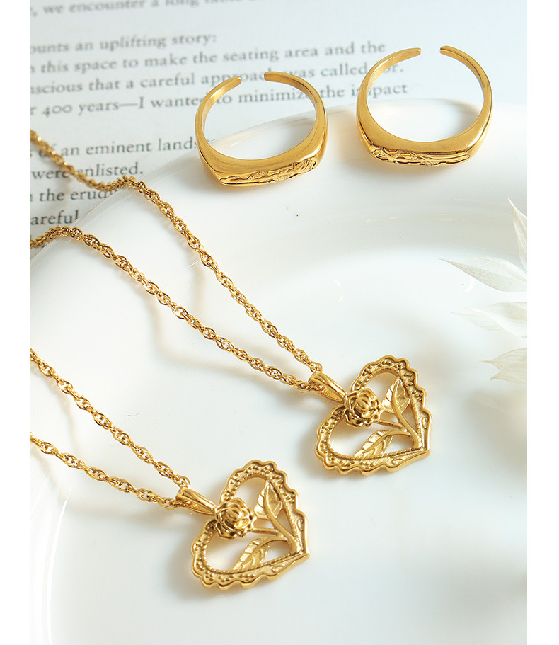 Fashion Heart Shape Flower Titanium Steel Plating Rings Necklace 1 Piece display picture 3