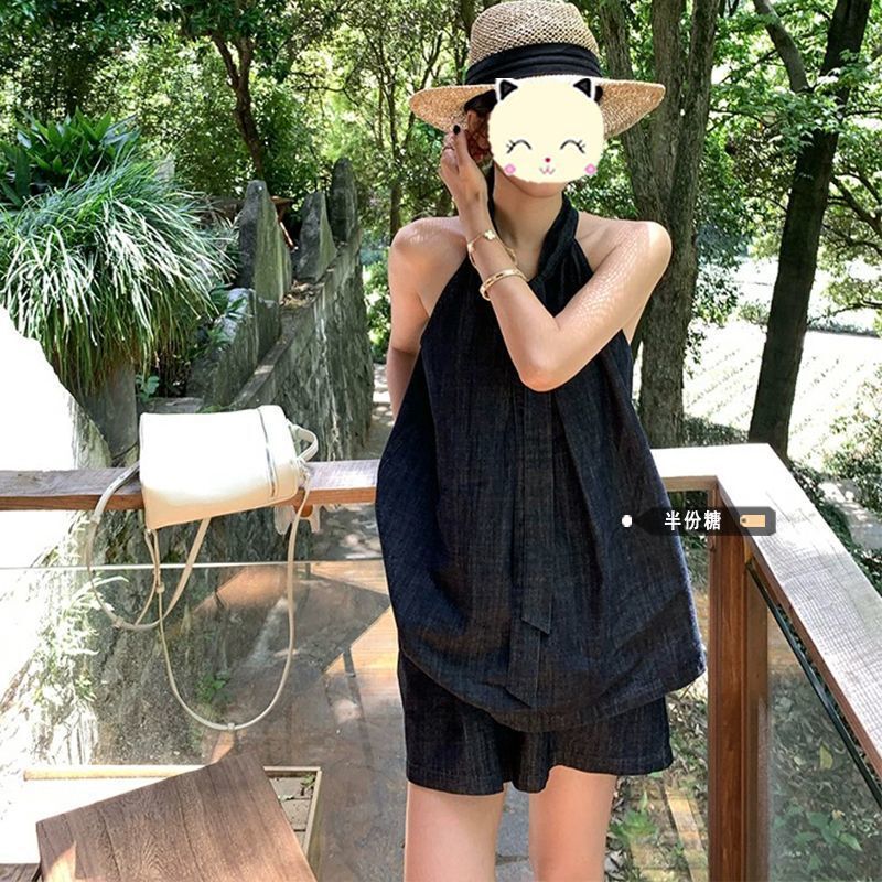 Beautiful and Stylish Summer Outfit for Women 2026, High-End Lace-Up Halter Neck Tank Top and A-Line Shorts Two-Piece Set