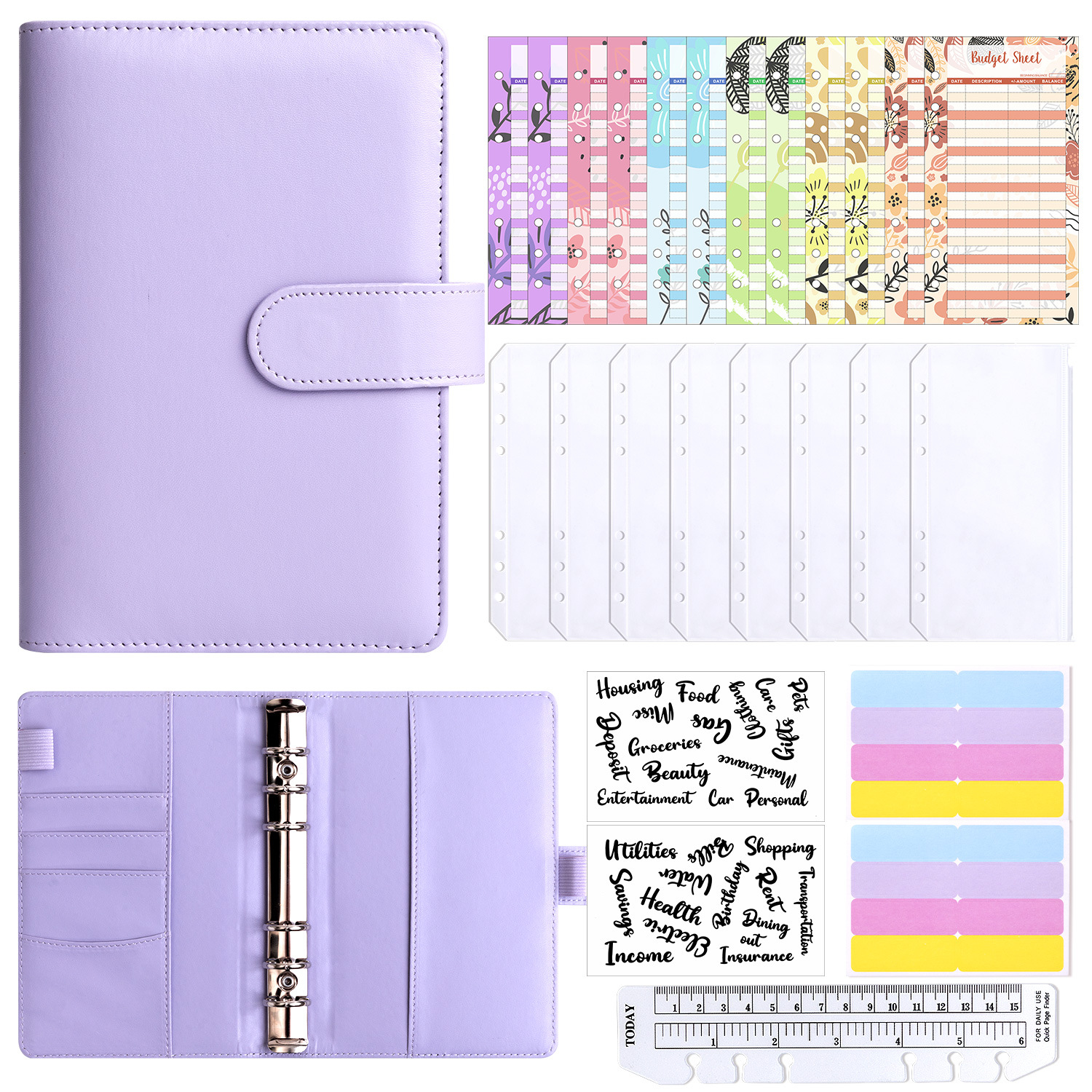 Presupuesto transfronterizo Cash Clip de hojas sueltas Bolsa con cremallera Sobres Libro de cuentas A6 Macarons PU Cuaderno de hojas sueltas de cuero