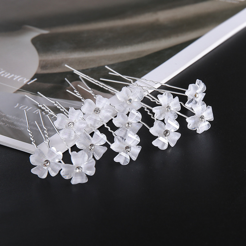 银色插针发针U型珍珠镶钻发簪盘发雪花发叉单钻花型结婚新娘头饰