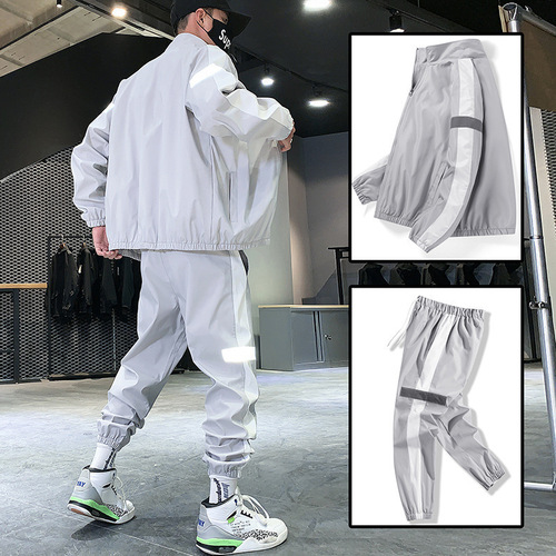 Men's Fashion Jacket and Leisure Pants Set with Reflective Strips - 2025 Spring New Leisure Sports Wear