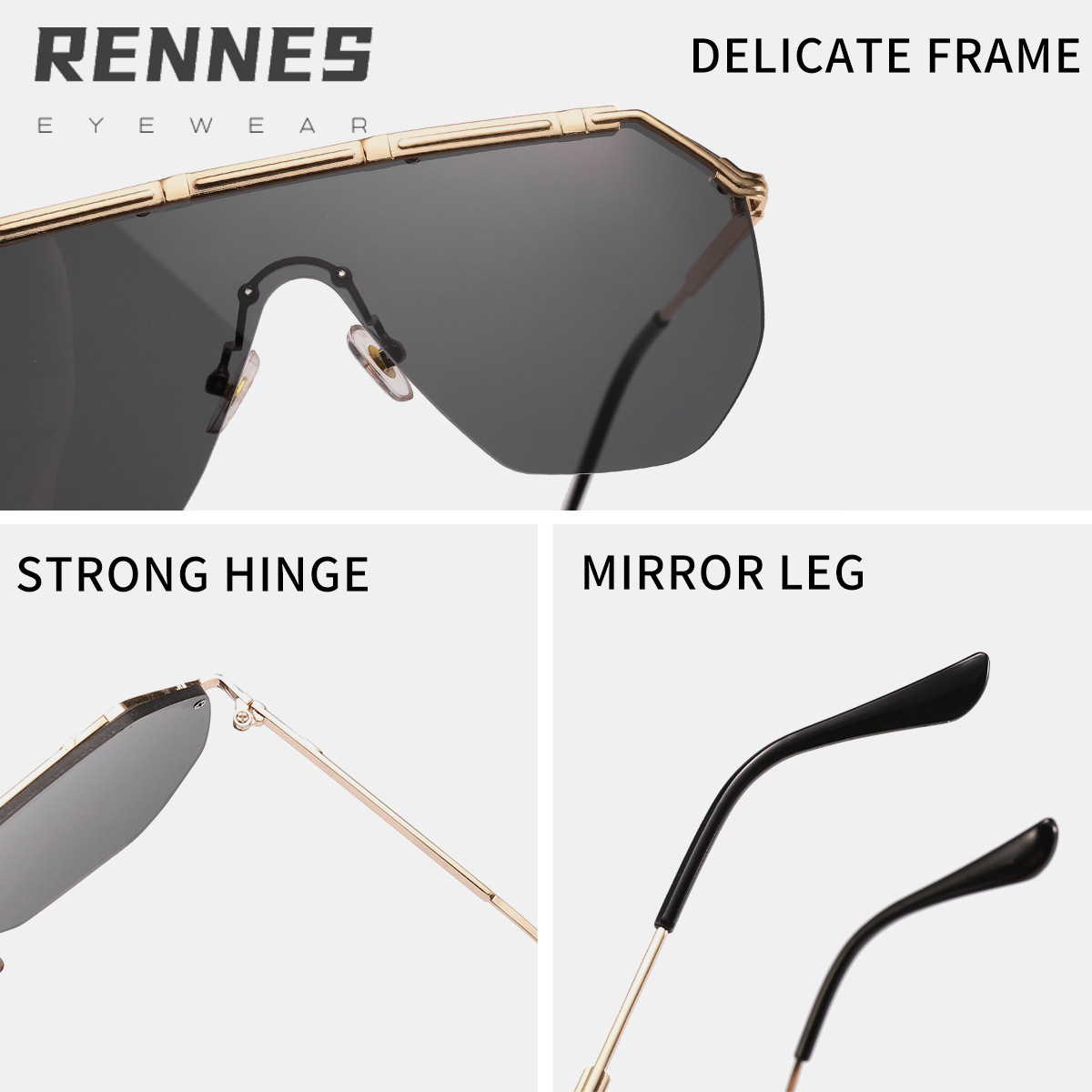 Nuevas gafas de sol de moda de una pieza de medio marco de metal transfronterizas para mujer, gafas de sol de tiro callejero de lujo ligero europeo y americano Sunglasses