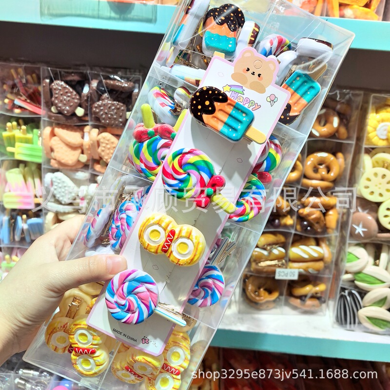 楽しいシミュレーションチョコレートサンドイッチアイスキャンデーリボンレインボーロリポップ食品おもちゃ子供用ヘアピン小学生ヘアピン|undefined