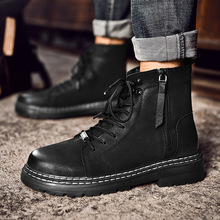 马丁靴男靴 真皮工装靴拉链款高帮男鞋头层牛皮棉靴加绒机车男鞋