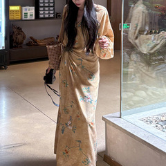 新中国風の花のプリントのパジャマの女性の春の夏は足首のパジャマの甘い綿のワンピースまで巻いています。