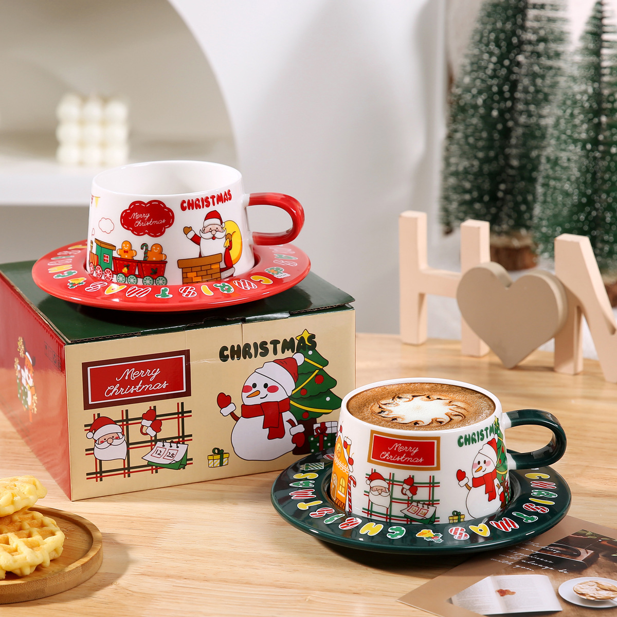 Cross-border ceramic Christmas coffee cup and saucer set, restaurant home use, mug tea cup, afternoon tea cup and saucer set