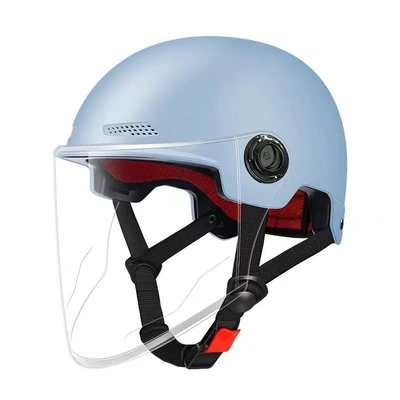 Motosiklet kaskı (dəbilqə), Half Helmet for Men and Women - sky-blue-transparent-long-mirror-free-night-reflective-stickers-306