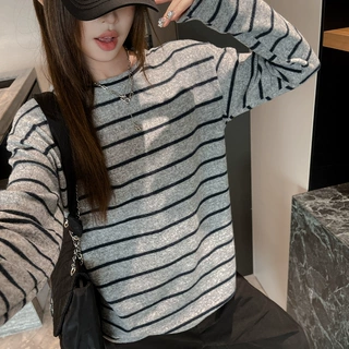 复古撞色条纹圆领长袖T恤女2026秋季新款宽松落肩慵懒打底衫上衣