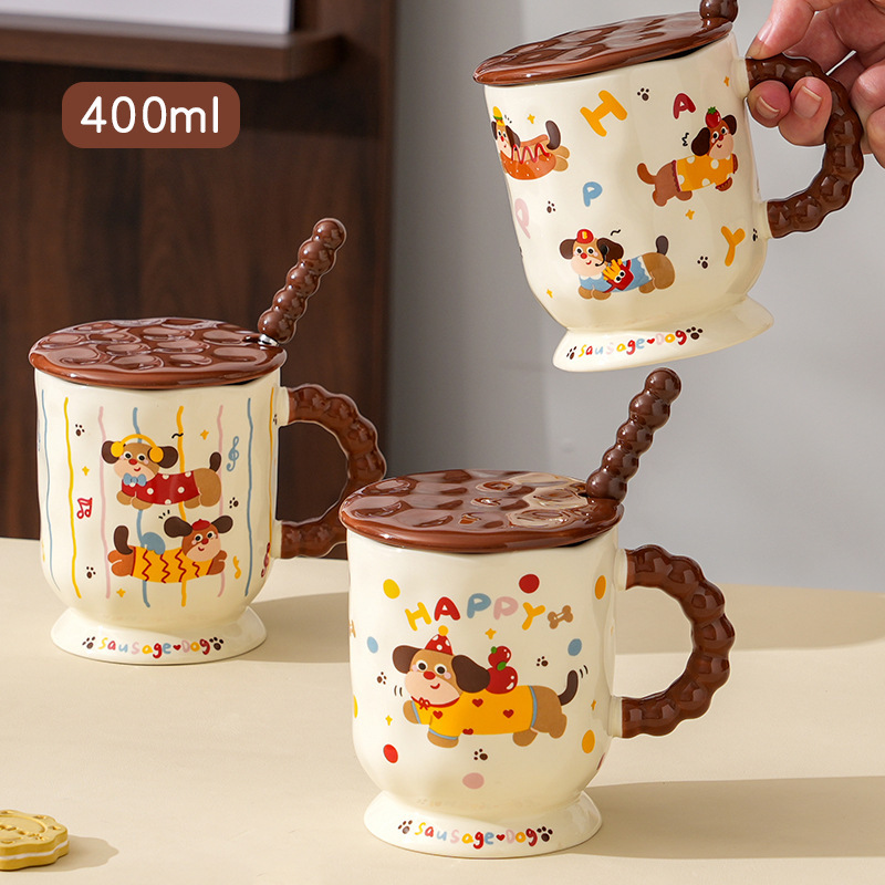 かわいいダックスフントセラミックカップ家庭用飲料マグ蓋スプーンオフィスセラミックミルクカップギフトウォーターカップ|undefined