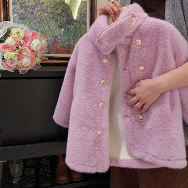 一体外套女童2023冬装新款加绒加厚皮保暖大衣女宝宝毛毛衣